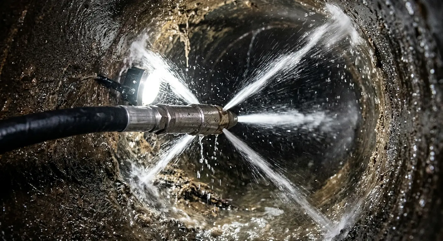 High-pressure hydro jetting nozzle cleaning sewer pipe for Emergency Drain Service in Wanaque