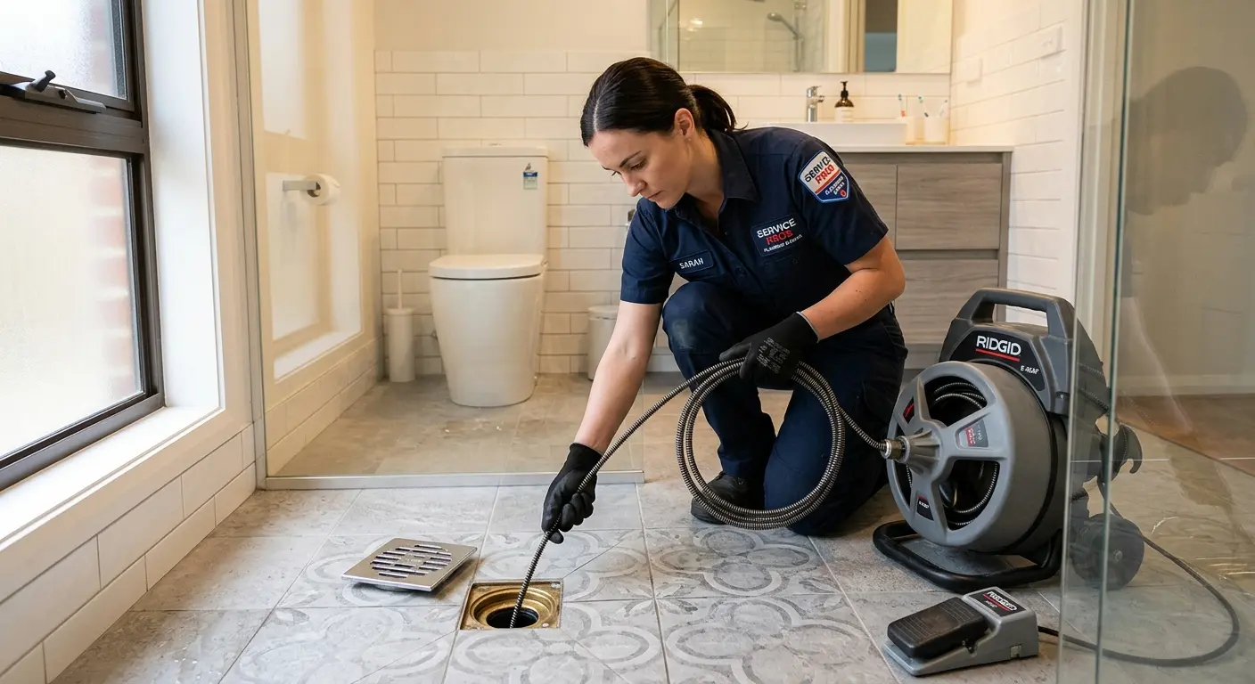 Technician clearing a bathroom floor drain for Hydro Jetting in Wanaque
